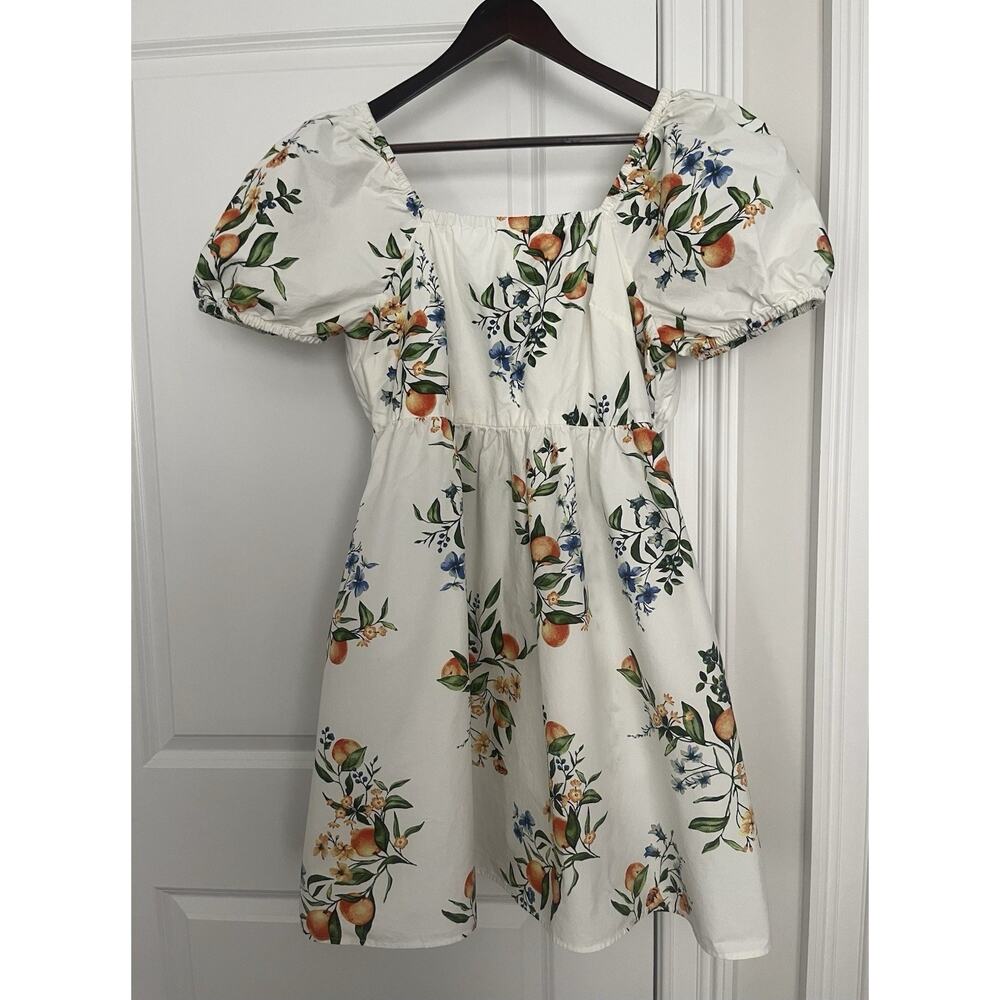Time and Tru midi dress puff sleeves Sz. L white lemons cotton cottage core NWOT
